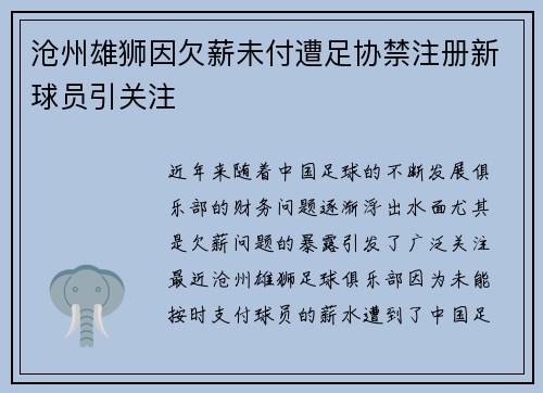沧州雄狮因欠薪未付遭足协禁注册新球员引关注