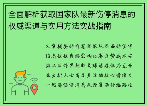 全面解析获取国家队最新伤停消息的权威渠道与实用方法实战指南 全面解析获取国家队最新伤停消息的权威渠道与实用方法实战指南